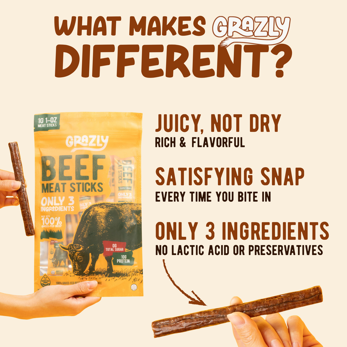 Grazly Plain Beef Meat Sticks - 100% Grass-Fed & Finished