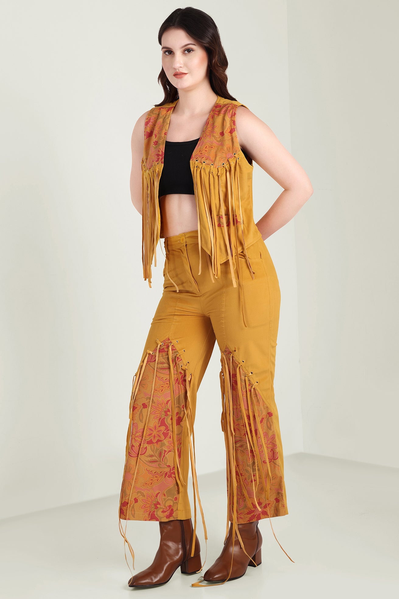 Myra The Jolene Fringe Two Piece Set in Saddle Gold