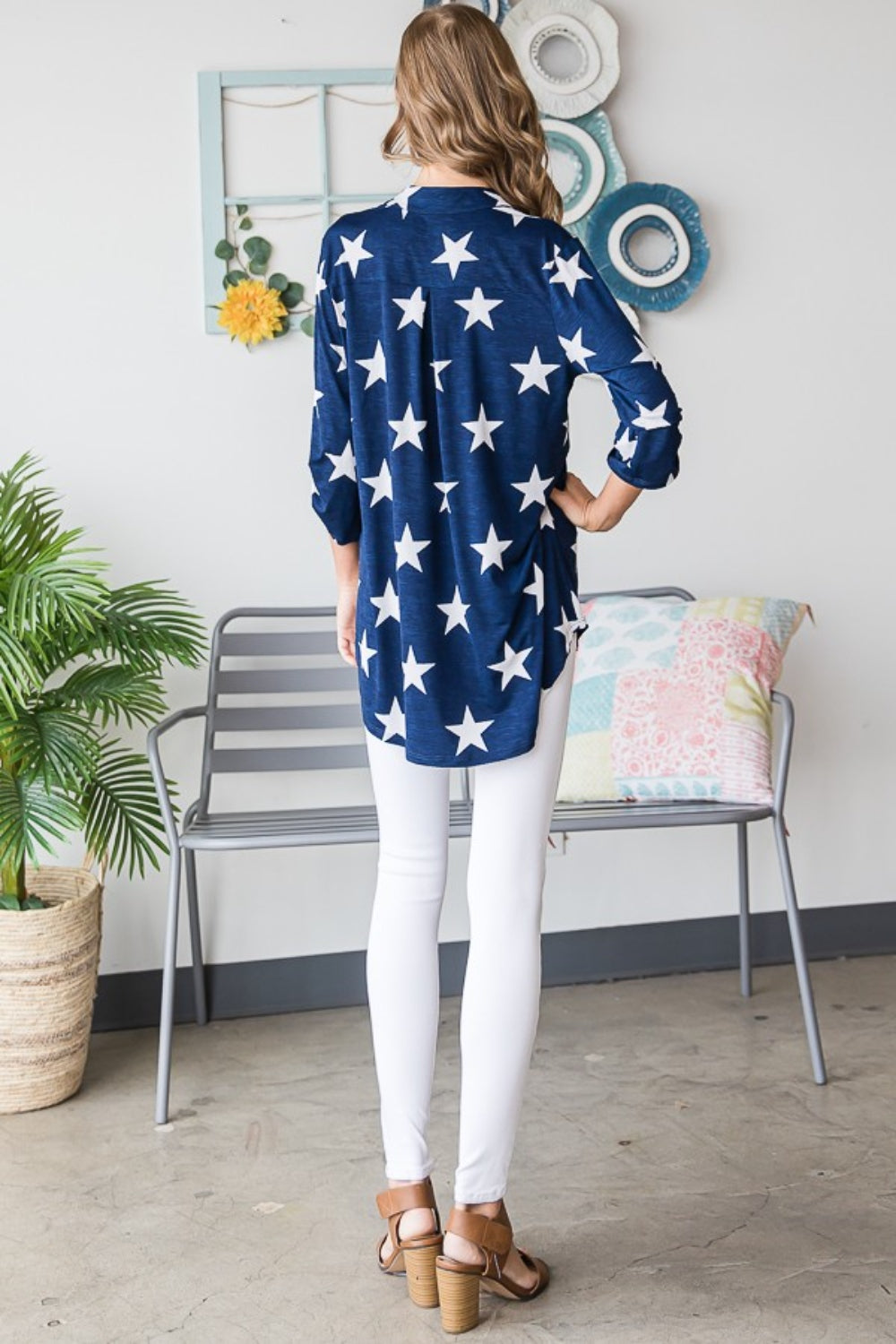 Star Print Roll-Tab Sleeve Star Print Top