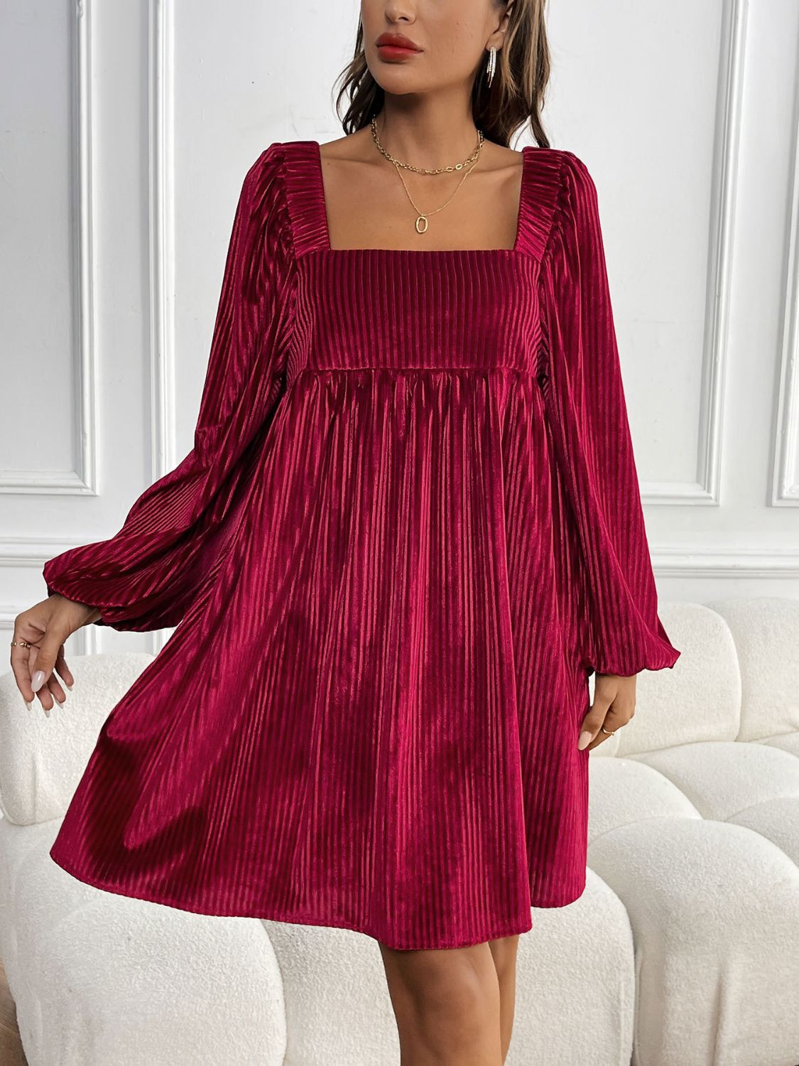 Ribbed Velvet Square Neck Long Sleeve Dress