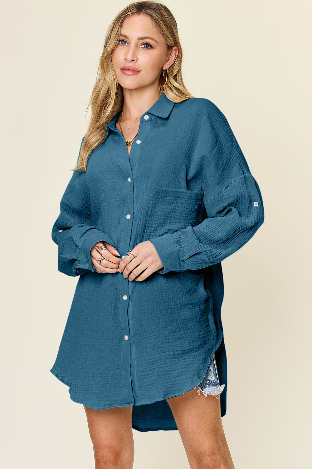 Double Take Full Size Pocketed Texture Button Up Shacket Big Shirt choice of colors