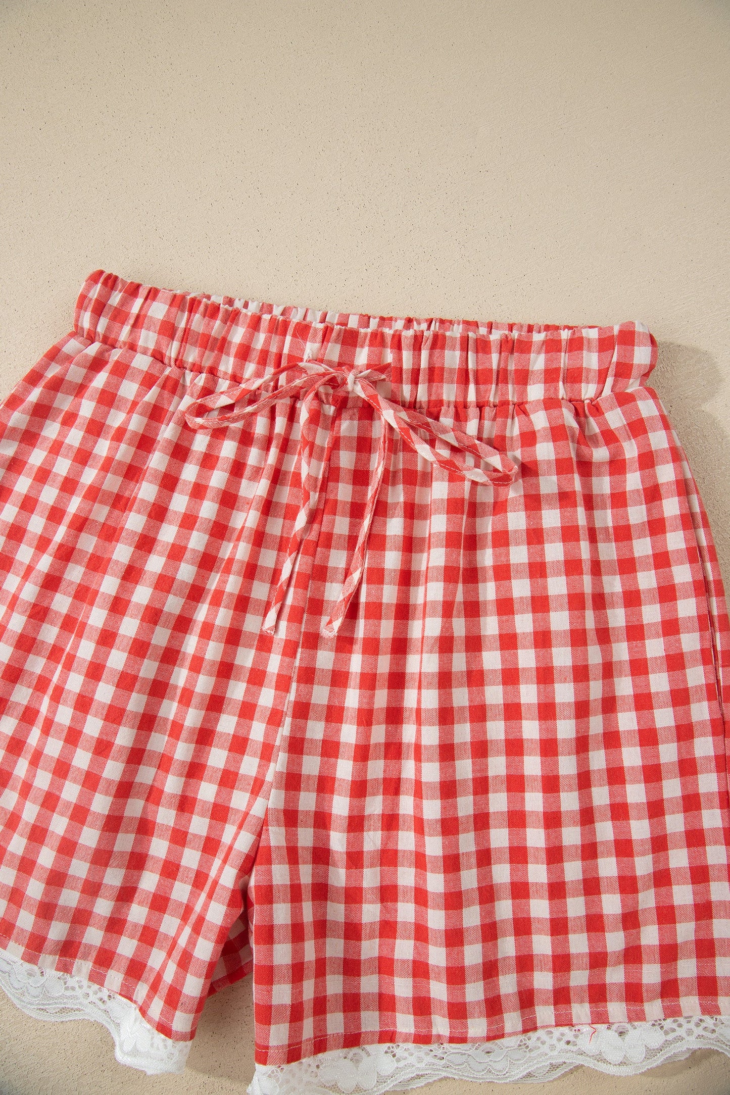 Gingham Plaid Tie Waist Lace Hem Shorts