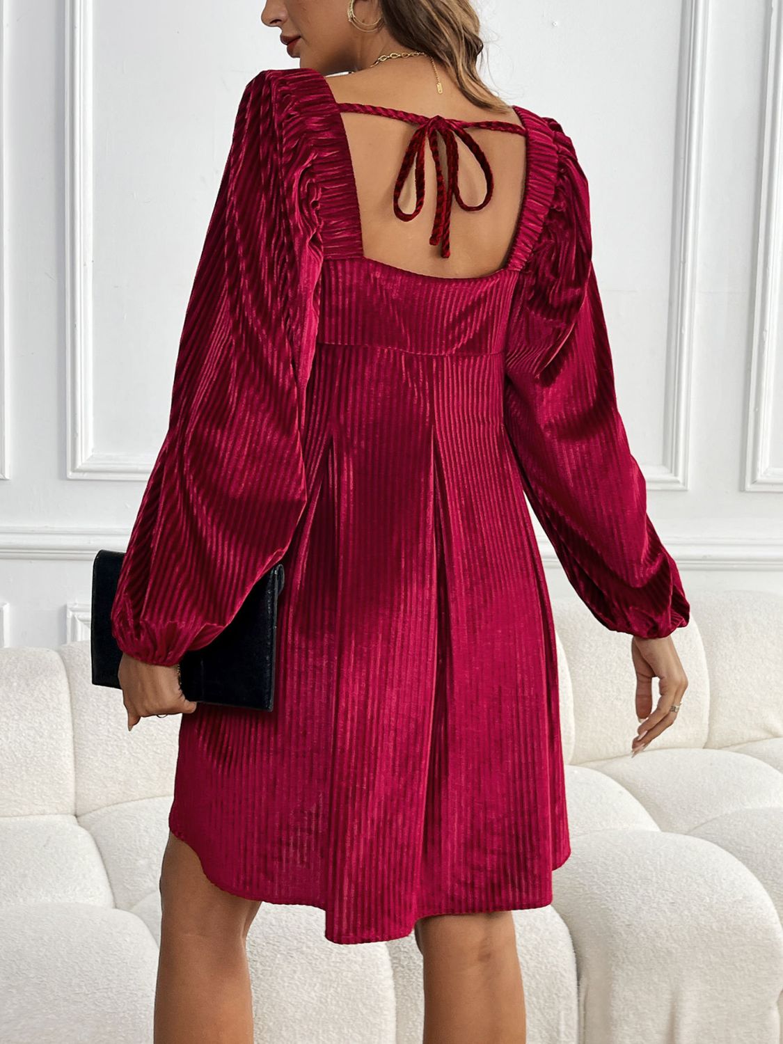 Ribbed Velvet Square Neck Long Sleeve Dress