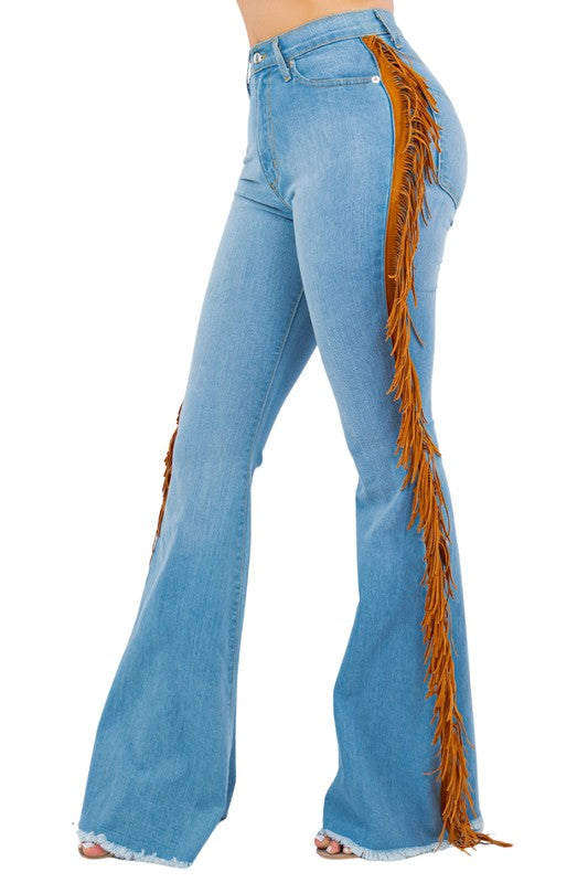 Fringe Bell Bottom In Light Blue  34" inseam