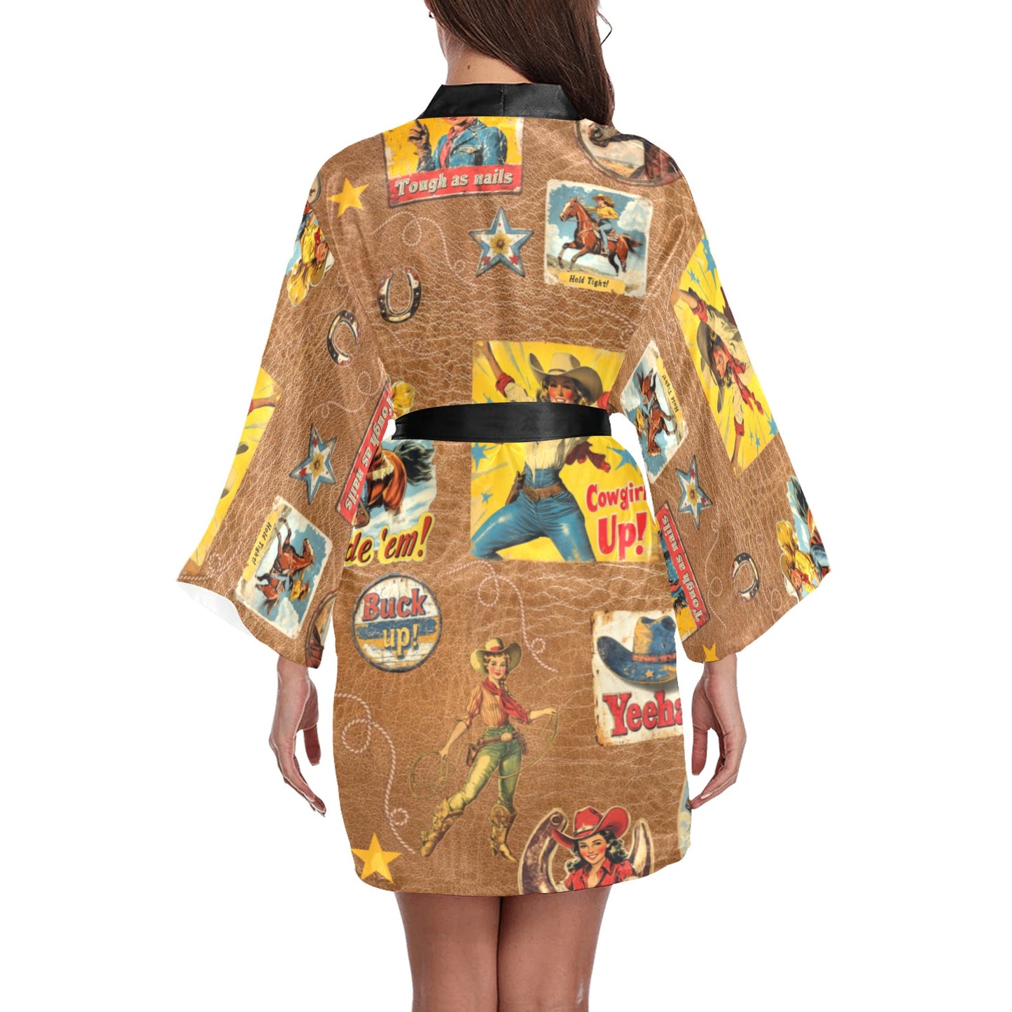 Vintage Cowgirl Collage Kimono Satin Robe