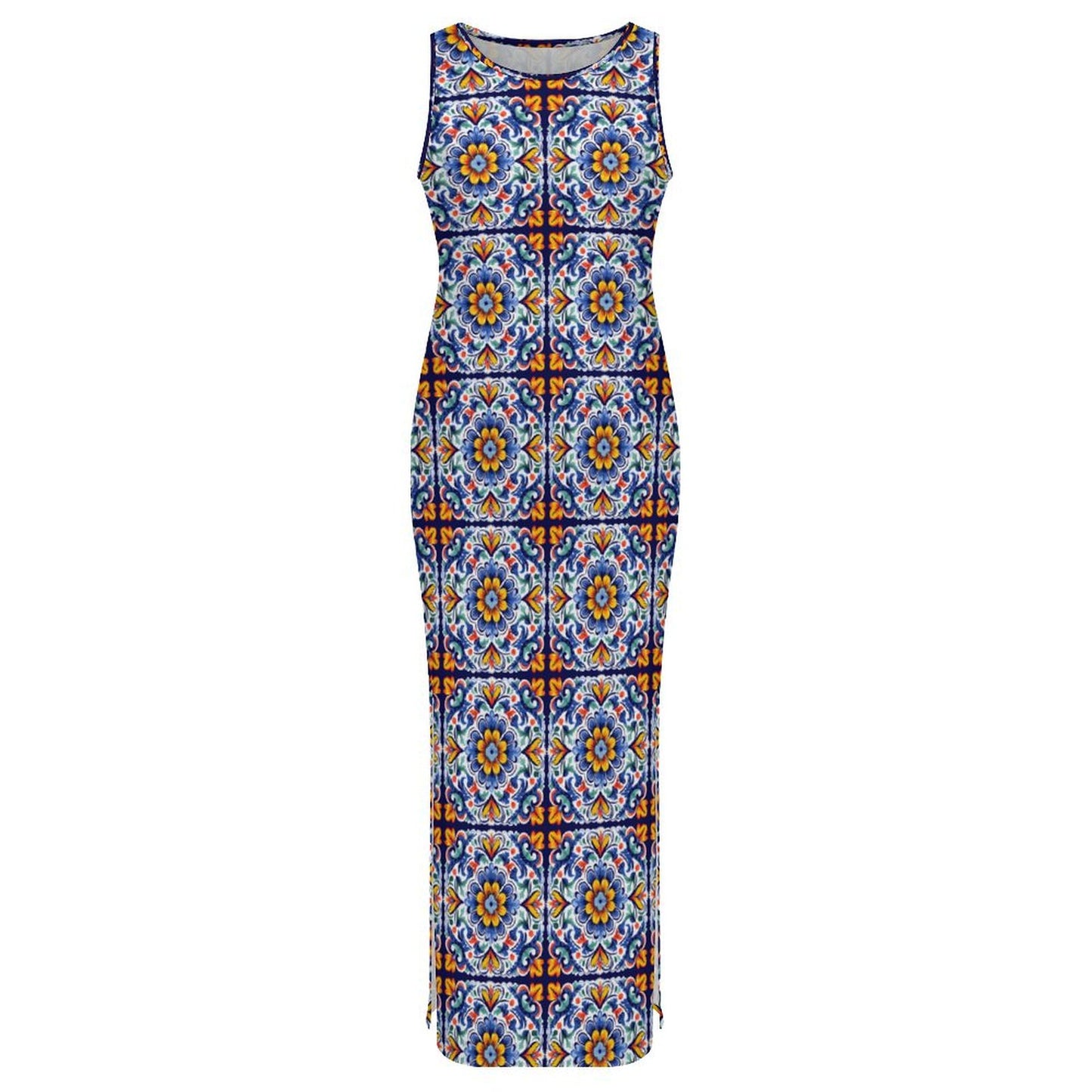 Colores de Mexico Talavera Sleeveless Bodycon Side Slit Long Dress