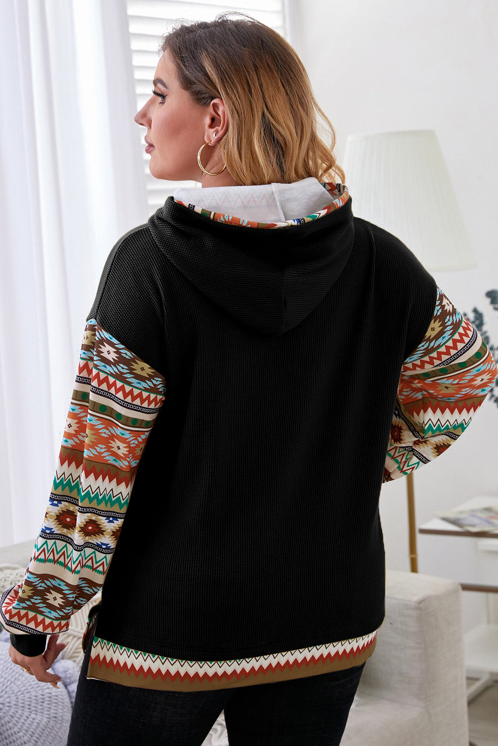 Plus Size Waffle-Knit Aztec Dropped Shoulder Hoodie