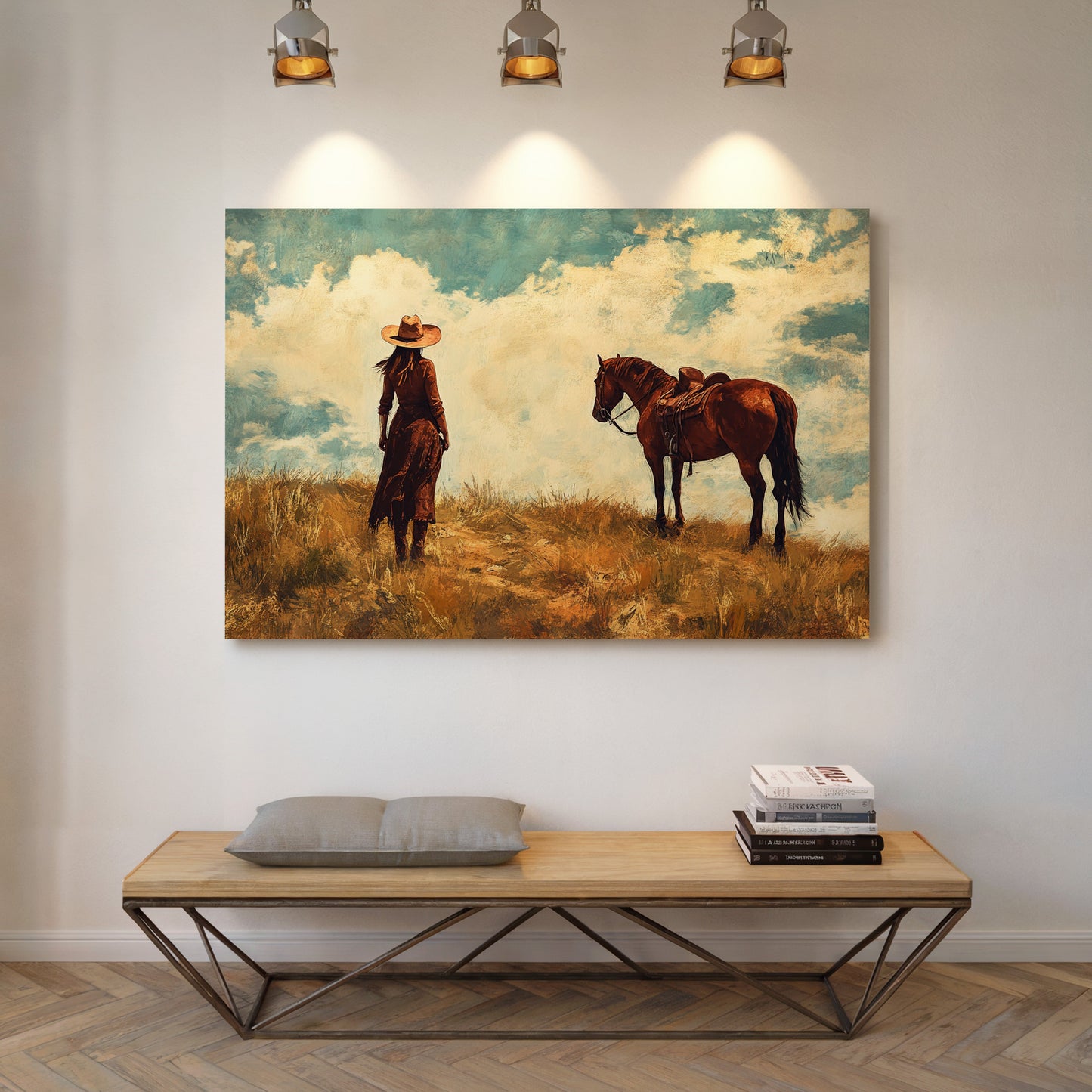 Cowgirl and Horse Under Big Sky