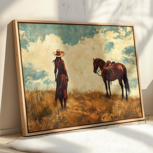 Cowgirl and Horse Under Big Sky