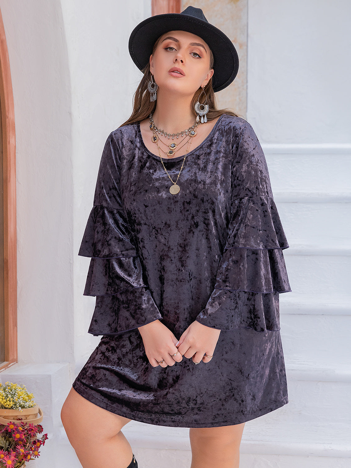 Velvet Flounce Sleeve Mini Dress Plus Size