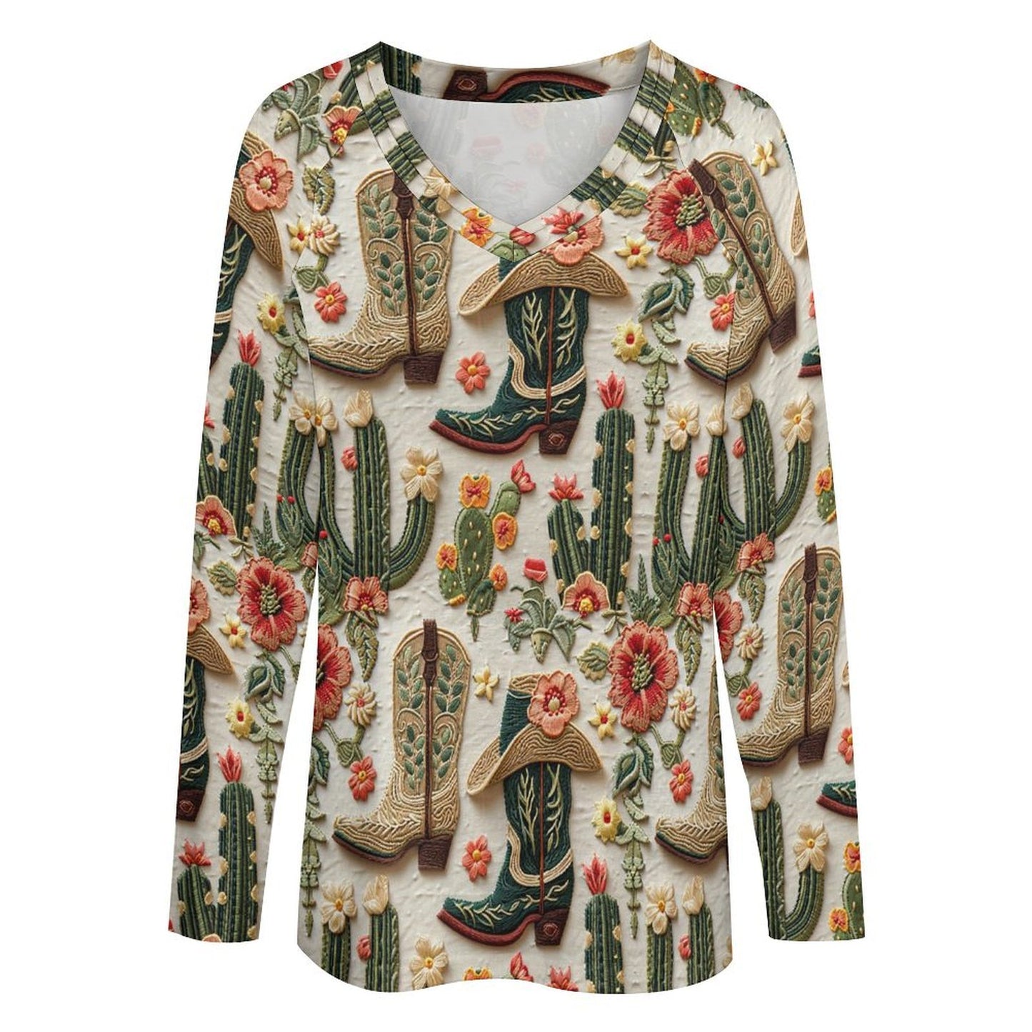 Baha Ranch Western Cactus Print Long Sleeve Top