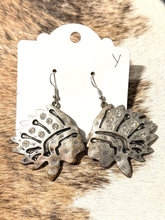 Silver Chief Head Rhinestone Earrings – Western Cowgirl Statement Dangle Earrings