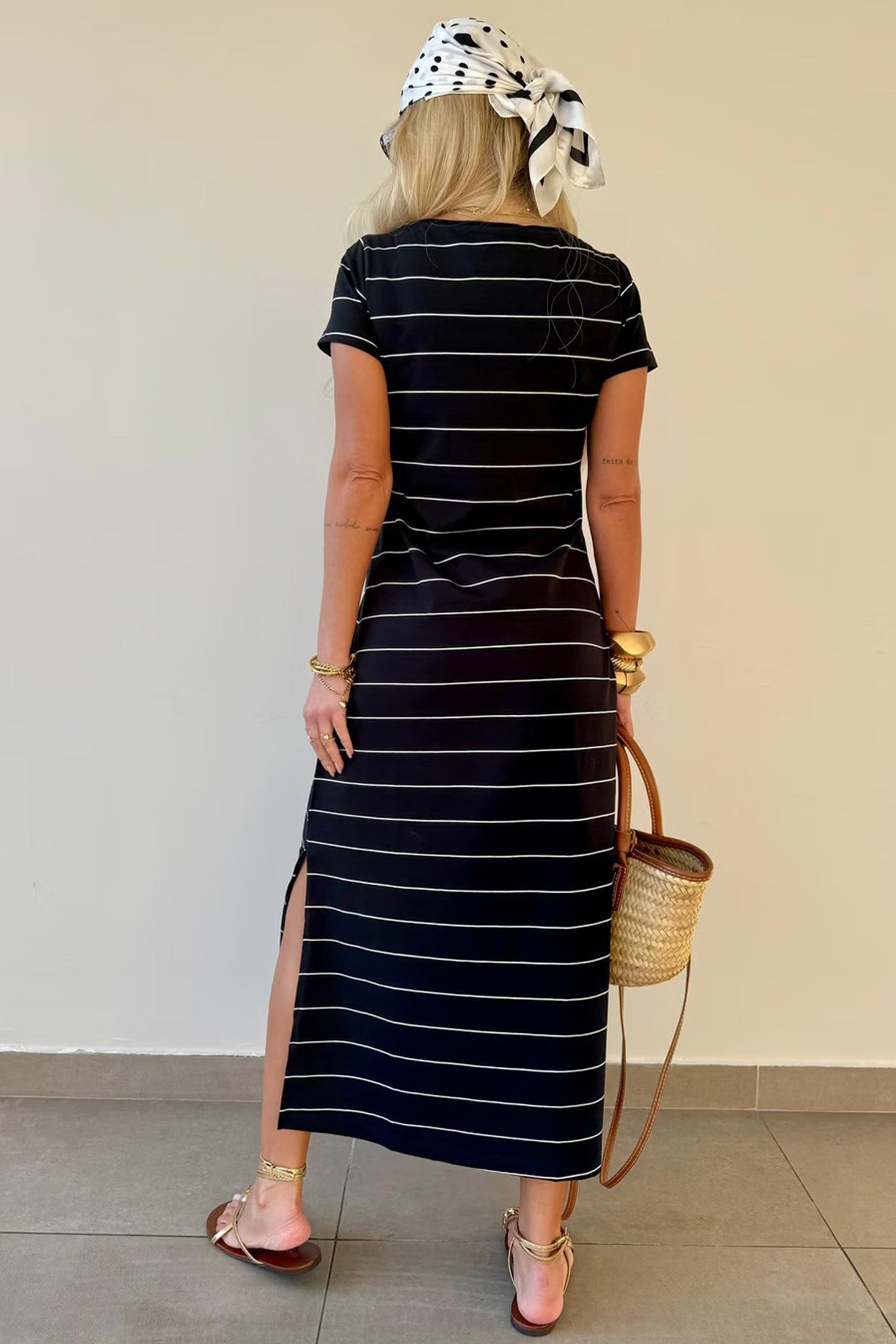 Stripe Short Sleeve Side Slit Maxi Dress