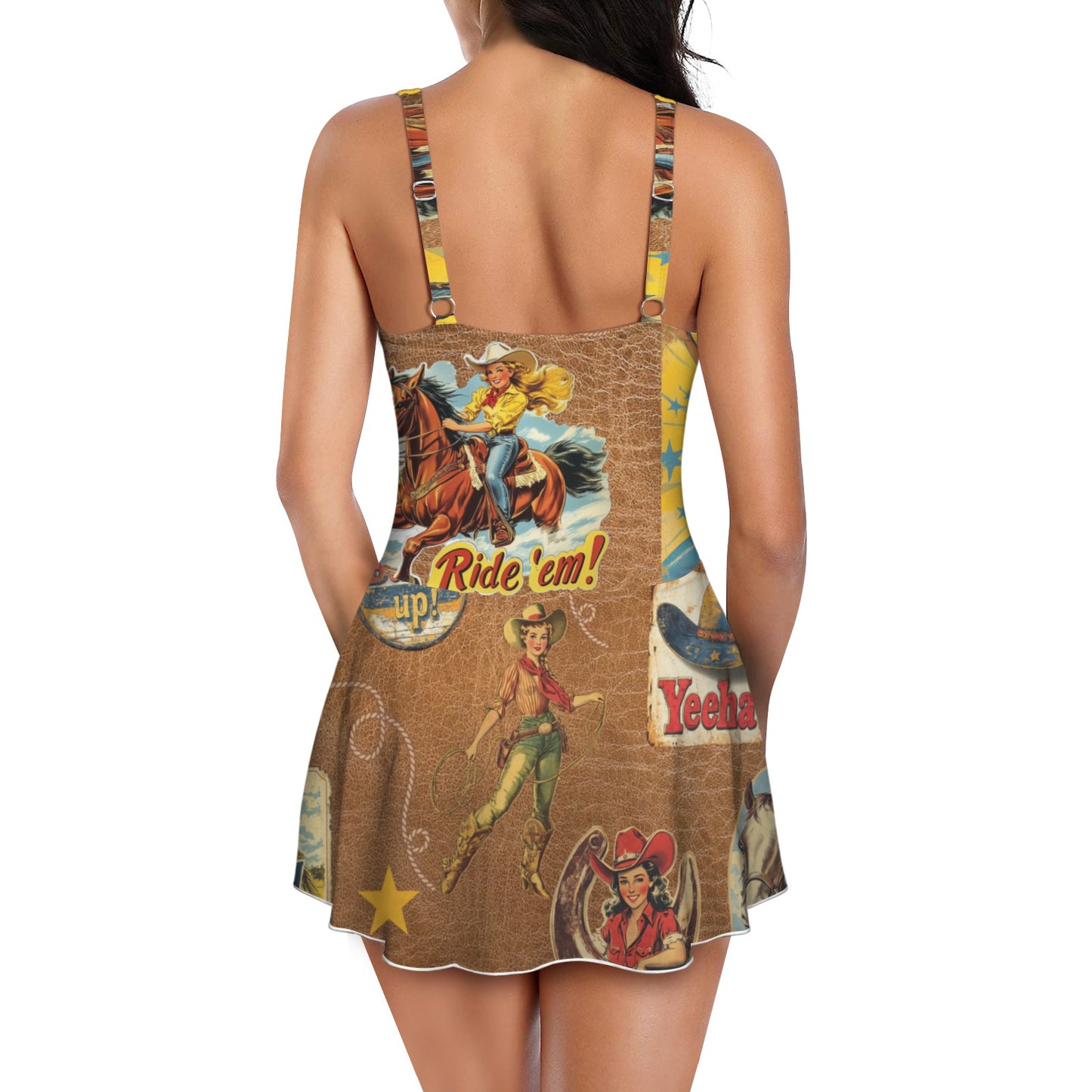 Vintage Cowgirl Collage Skirted Swim Suit