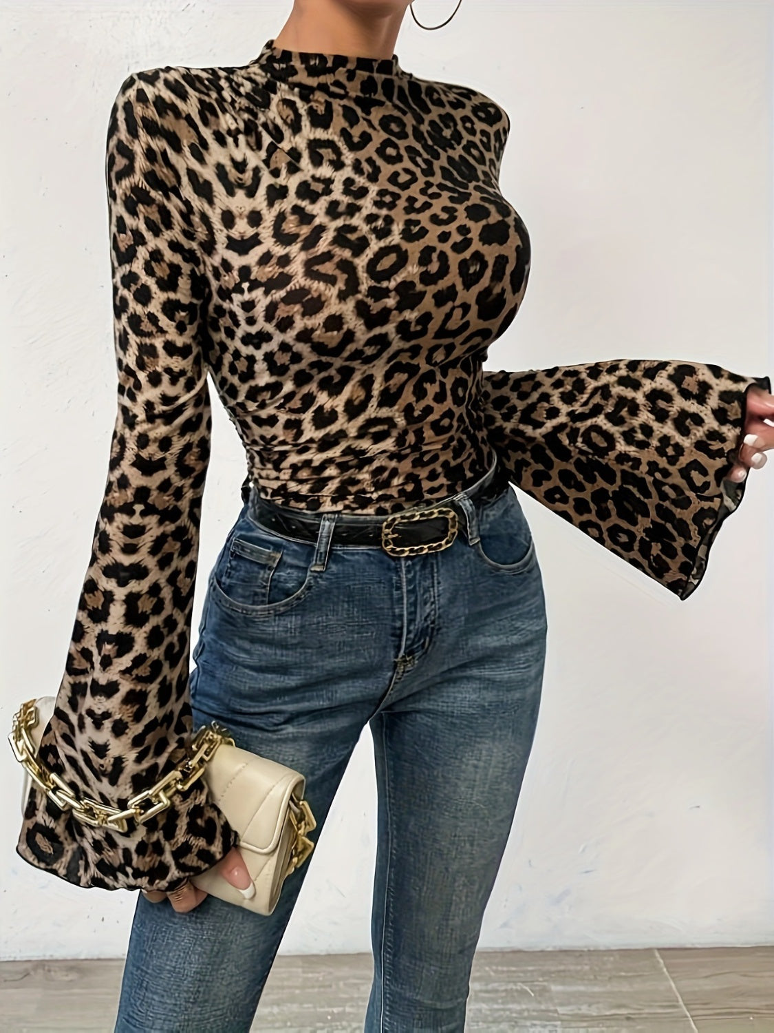 Leopard Mock Neck Flare Sleeve Top