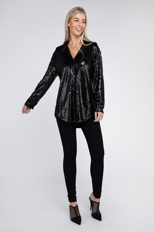 Black Sequin Collared Button Up Shirt