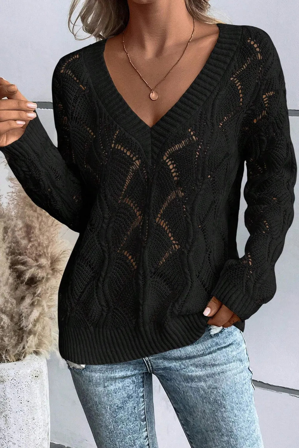 Openwork V-Neck Long Sleeve Sweater choice of colors