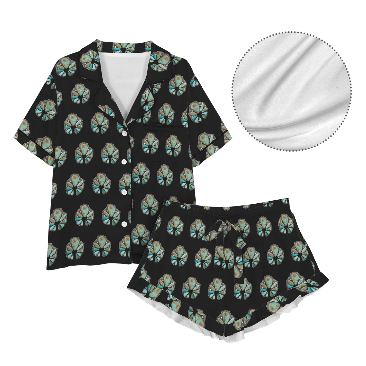 Turquoise Naja Black Western Satin Pajama set