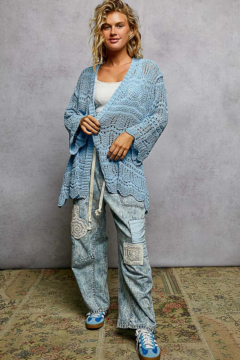 ルシェルブルー　Openwork Knit Top Blue Open Front Popcorn Kit Cardigan-FINAL SALE – Magnolia Boutique