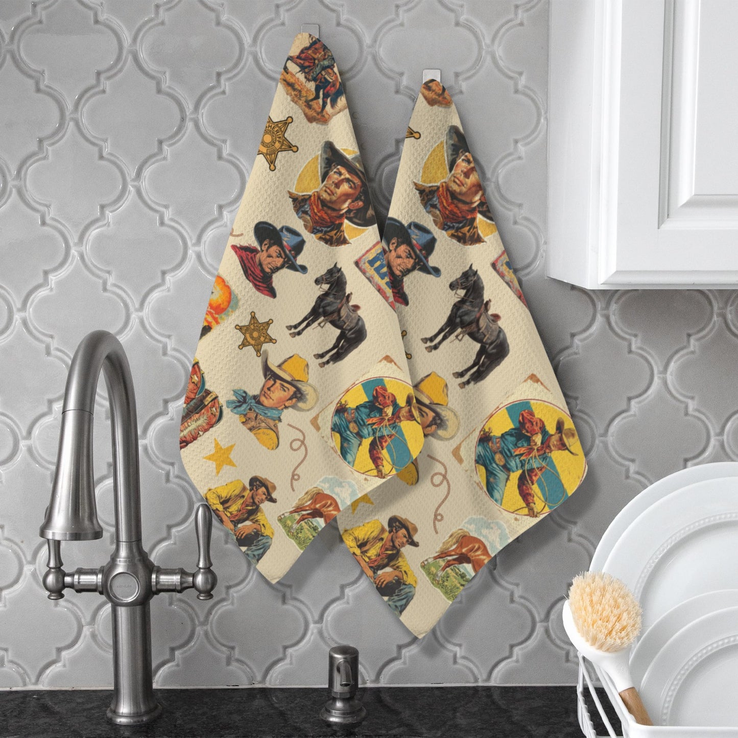 Vintage Cowboy Collage Set of 2 Dish Towels Made in America