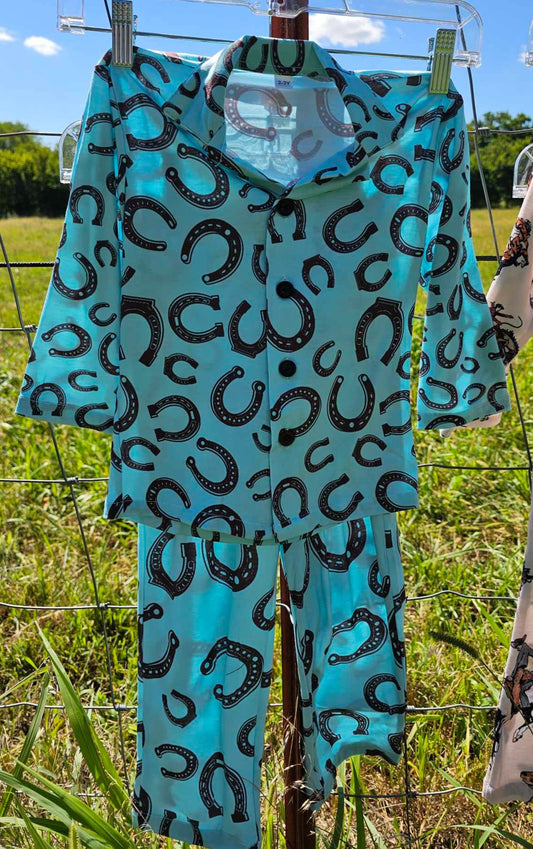 Turquoise Horseshoe Girl's Western Pajama Set