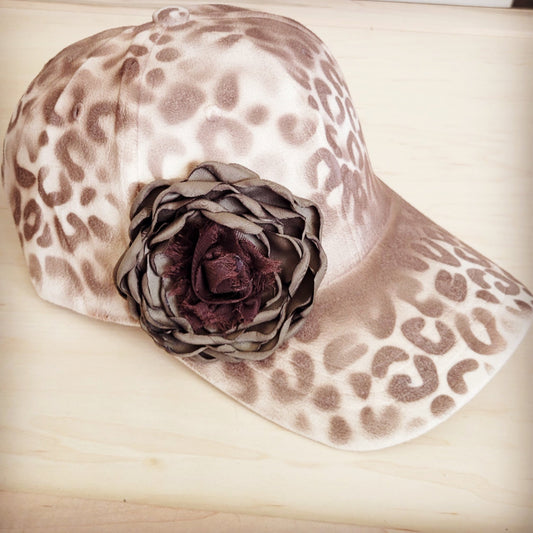 The Jewelry Junkie Hand-Painted Leopard Suede Baseball Cap Ivory w/ Flowers 986v