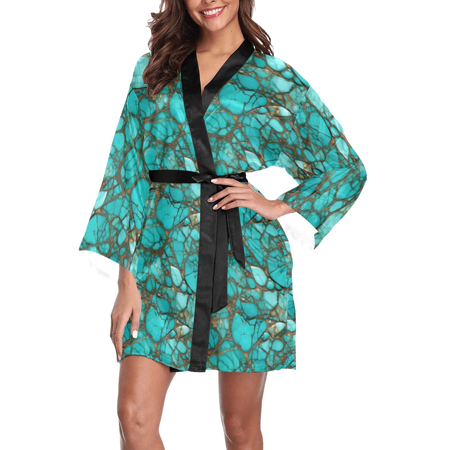 All Turquoise Satin Kimono Sleeve Robe