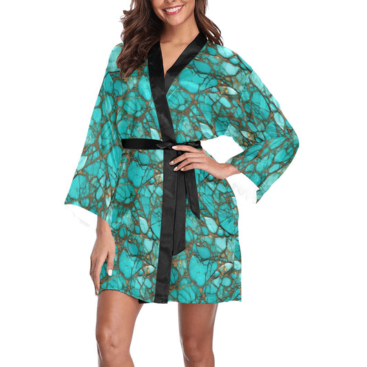 All Turquoise Satin Kimono Sleeve Robe