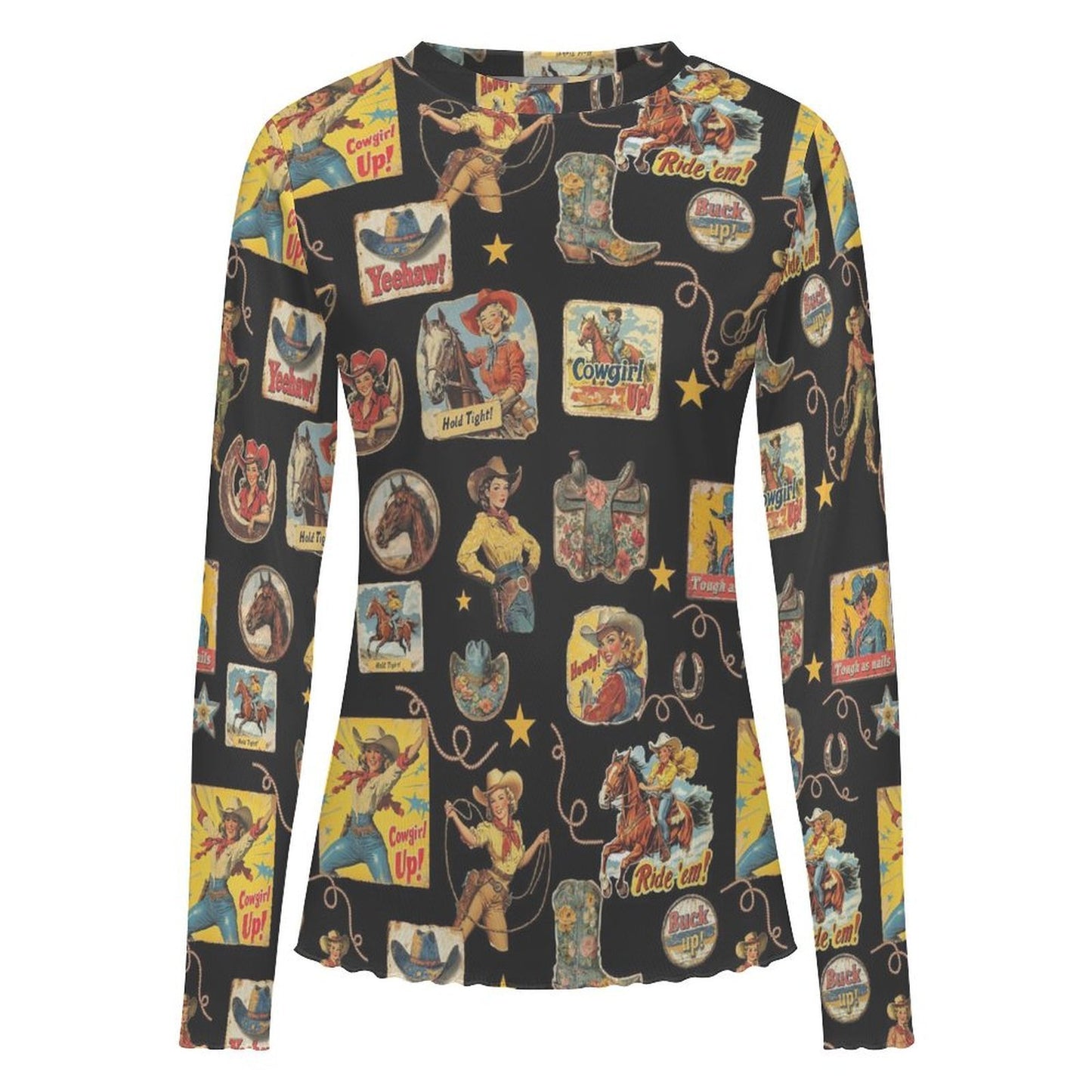 Baha Ranch Vintage Cowgirl Collage Long Sleeve Mesh Top