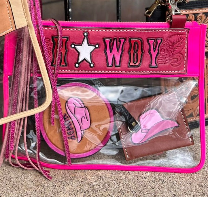 Yeehaw Howdy/Rowdy Clear/Stadium  leather tooled bag (WITHOUT strap)