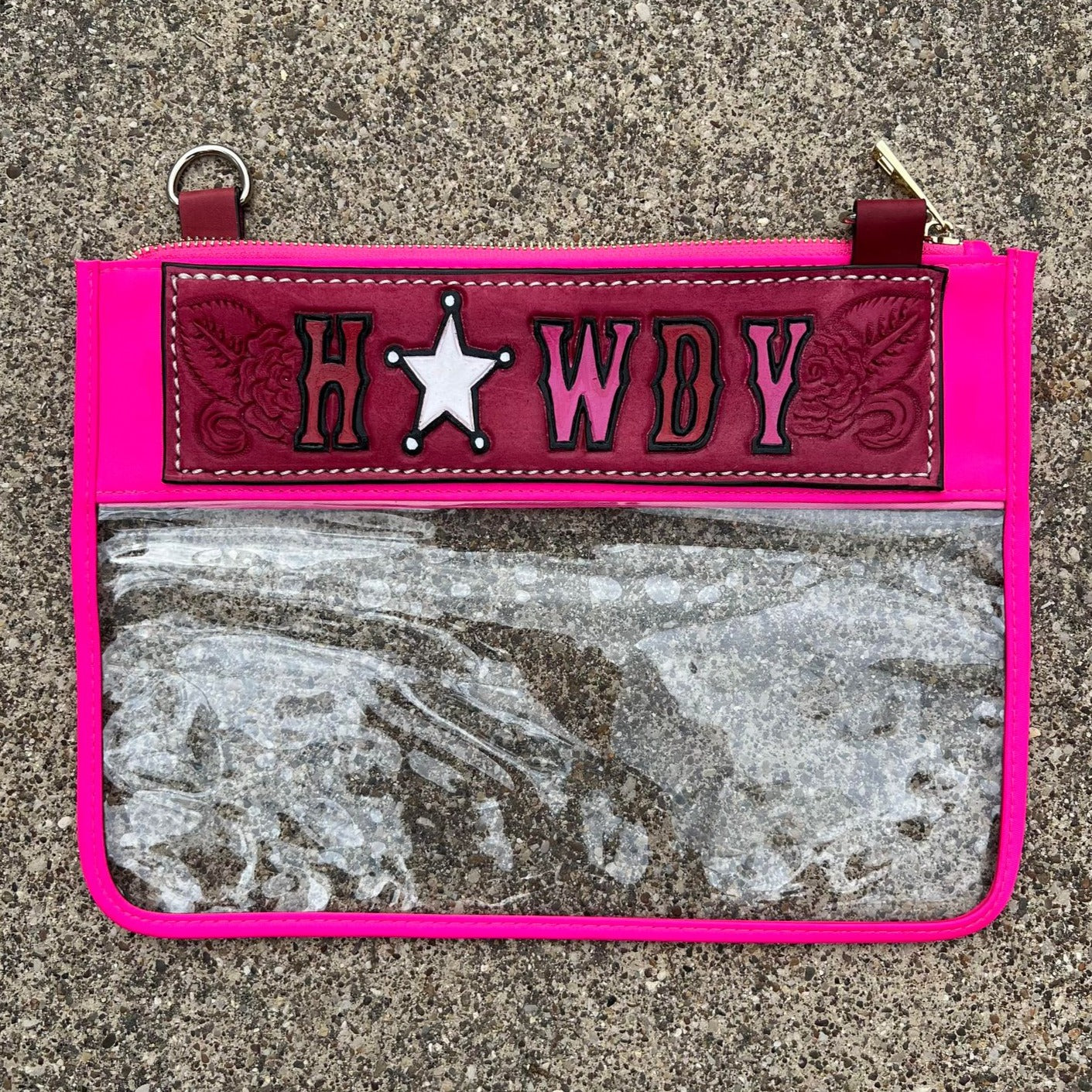 Yeehaw Howdy/Rowdy Clear/Stadium  leather tooled bag (WITHOUT strap)