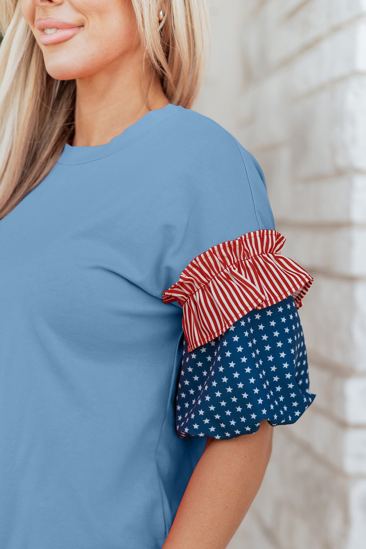 Stars & Stripe Patchwork Short Puff Sleeve Top choice of colors
