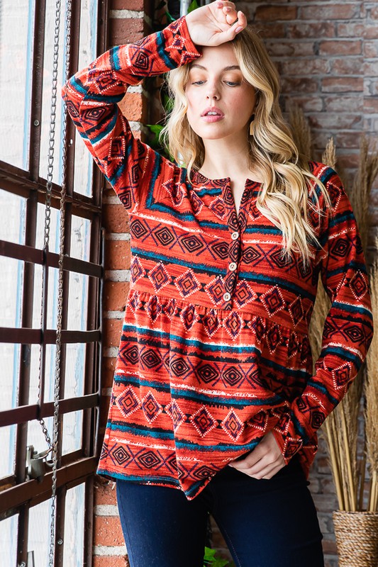 Aztec Button Detail Long Sleeve Babydoll Top