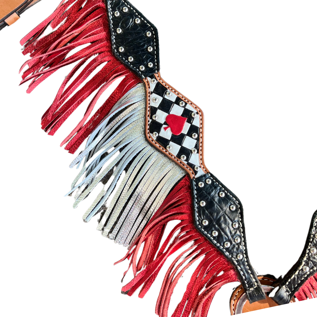 3F46- 2024 Vegas ACE 2-1/2" Diamond breast collar w/ black gator, tooled ace with checkers, with SS spots, red and silver metallic fringe WITH FREE MATCHING ONE EAR