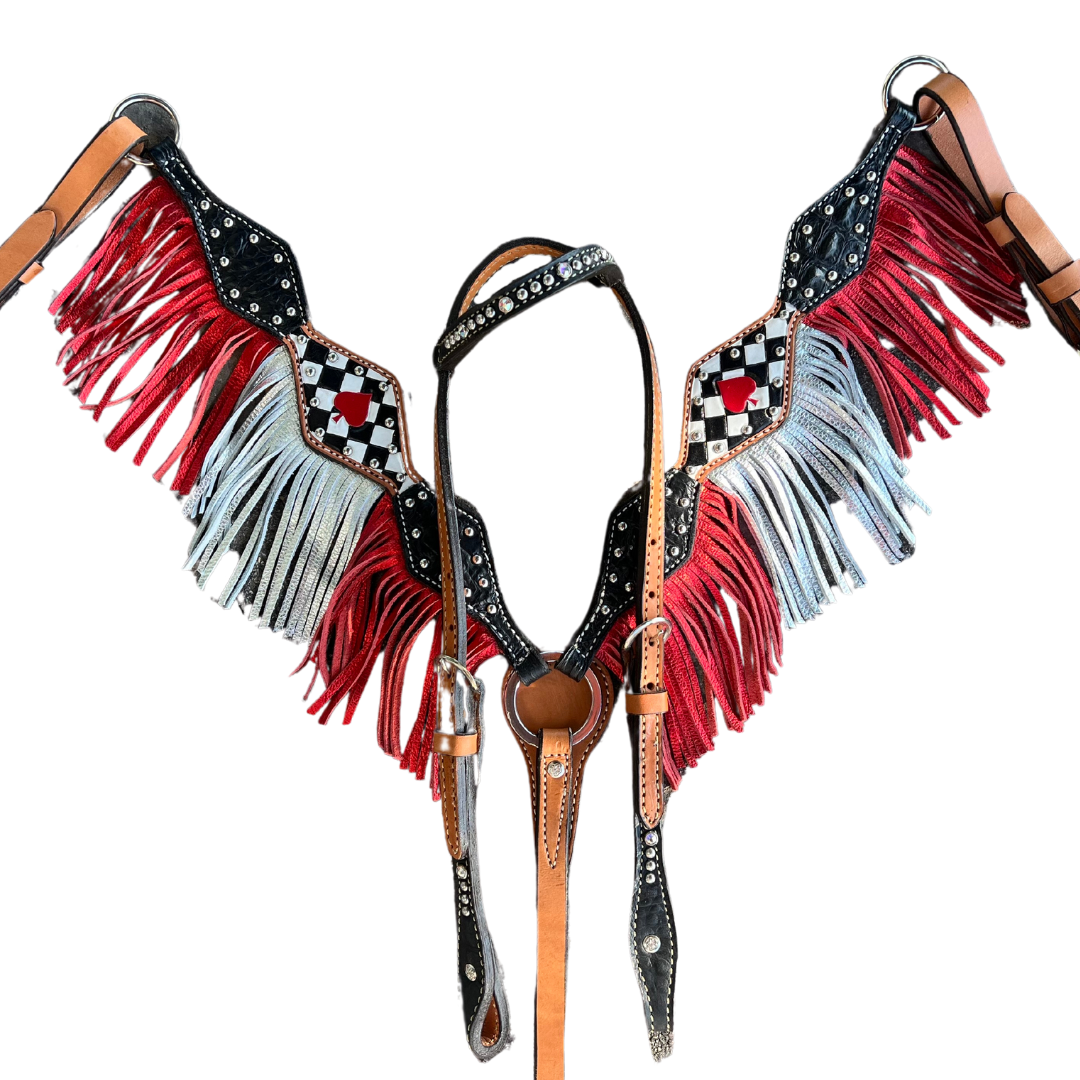 3F46- 2024 Vegas ACE 2-1/2" Diamond breast collar w/ black gator, tooled ace with checkers, with SS spots, red and silver metallic fringe WITH FREE MATCHING ONE EAR