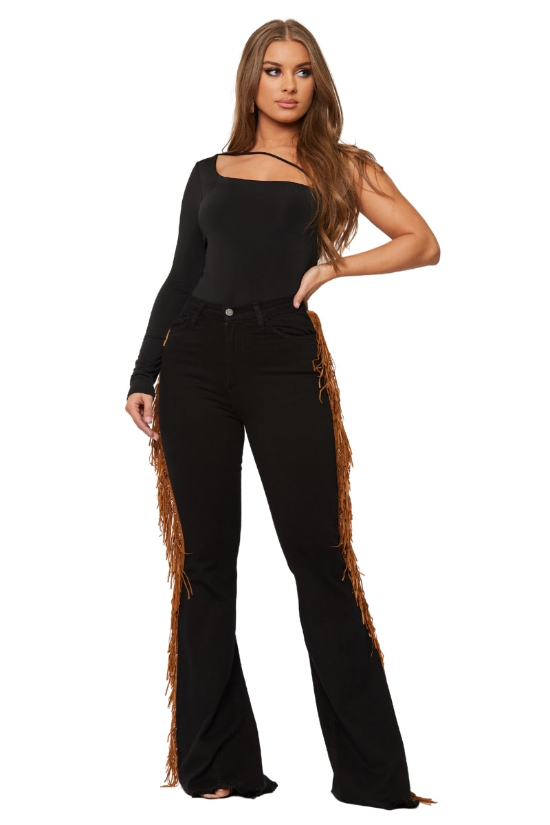 GJG Fringe Bell Bottom Jean in Black Denim
