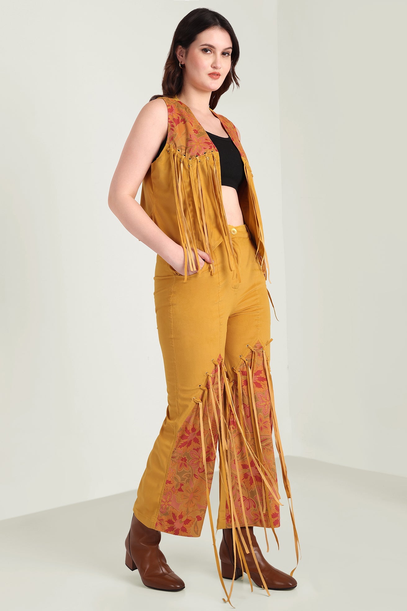 Myra The Jolene Fringe Two Piece Set in Saddle Gold