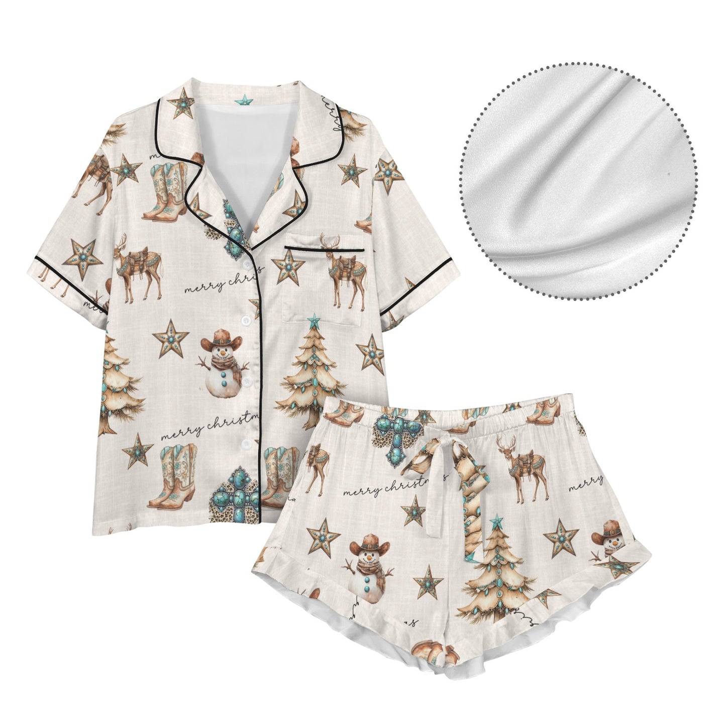Christmas Spirit Cowgirl Western Cowboy Satin Short Pajama Sets