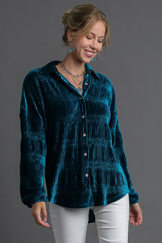 Umgee Teal Turquoise Button Up Velvet Shirt