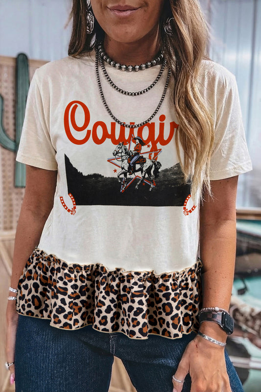 Western Cowgirl Leopard Patchwork Ruffle Hem T-Shirt