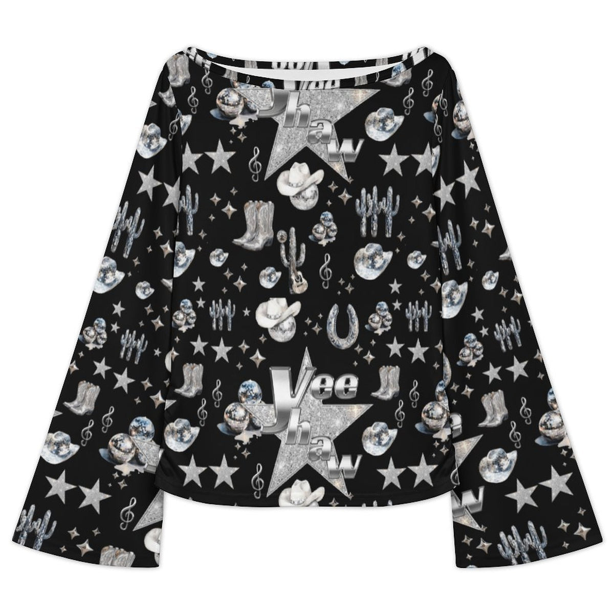 Baha Ranch Yeehaw Rhinestone Cowgirl Flare Sleeve Top