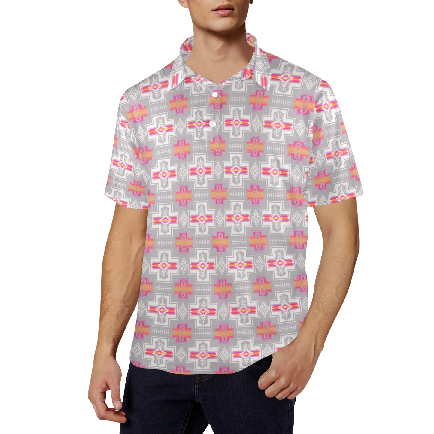 Gray Pink Fire Aztec Men's Polo Shirt