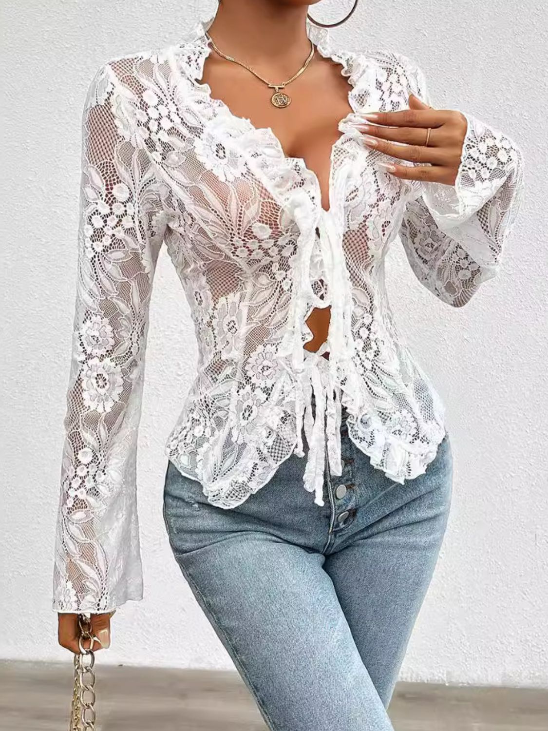 Tied V-Neck Long Sleeve Lace Top choice of colors