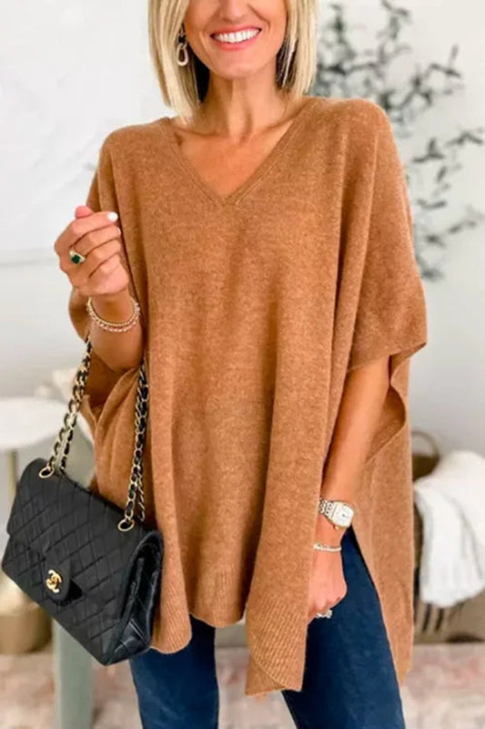 Slit V-Neck Half Sleeve Knit Top choice of colors