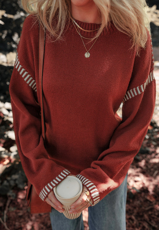 Burgandy Striped  Dropped Shoulder Sweater