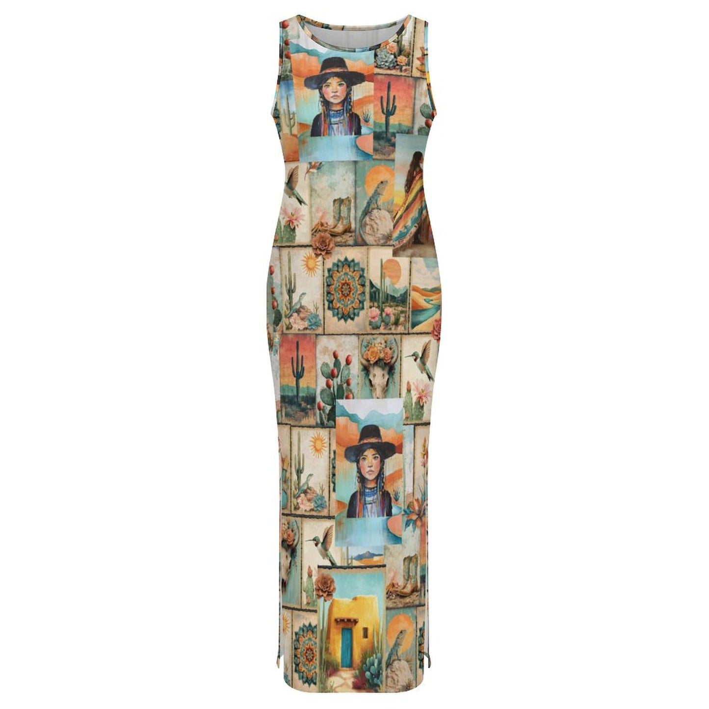 Colores de Mexico Pictures of the Southwest Sleeveless Bodycon Side Slit Long Dress