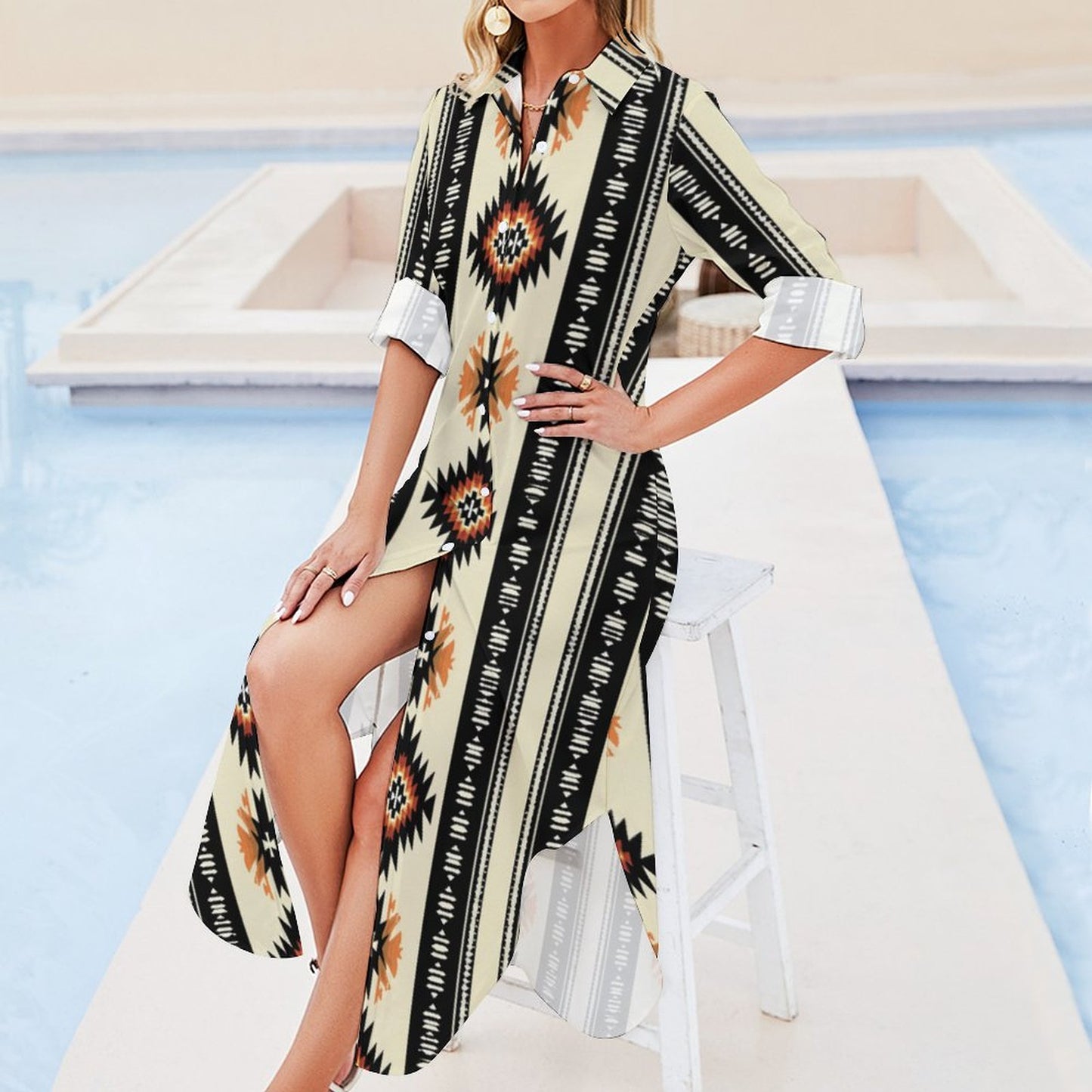 Colores de Mexico Southwestern Aztec Button-Up Long Sleeve Shirt Dress