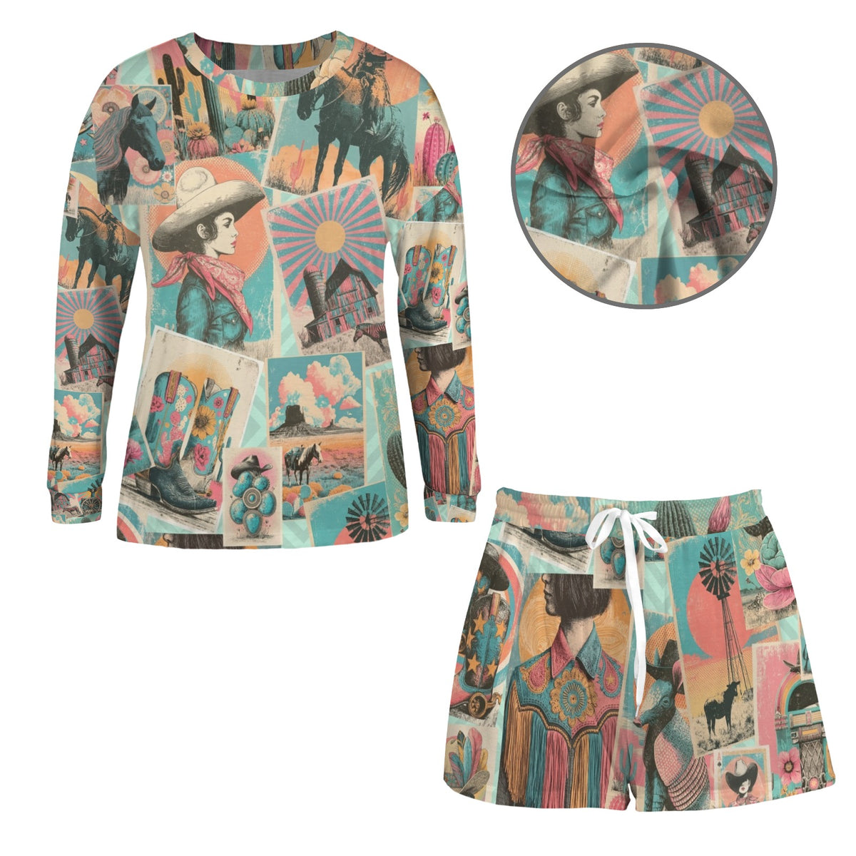 Baha Ranch Honky Tonk Kitsch Western Long Sleeve Top & Shorts Pajama Lounge Set