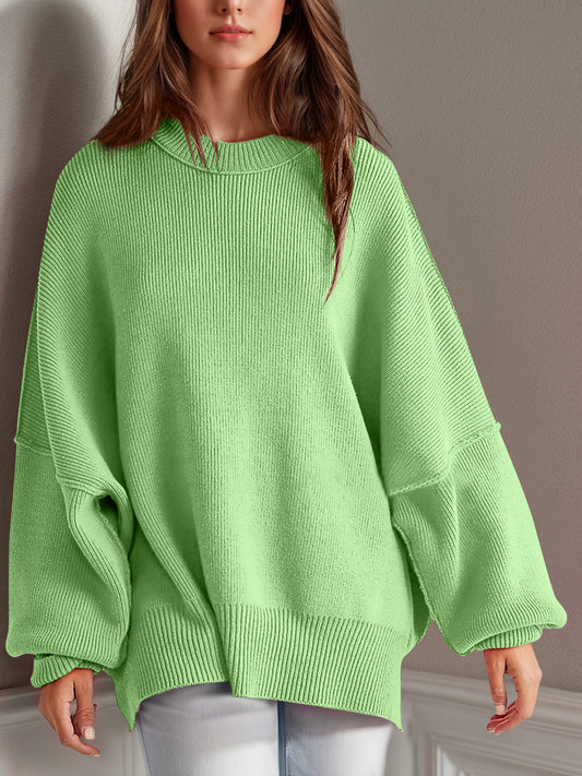 Double Take Side Slit Cotton Blend Long Sleeve Sweater choice of colors