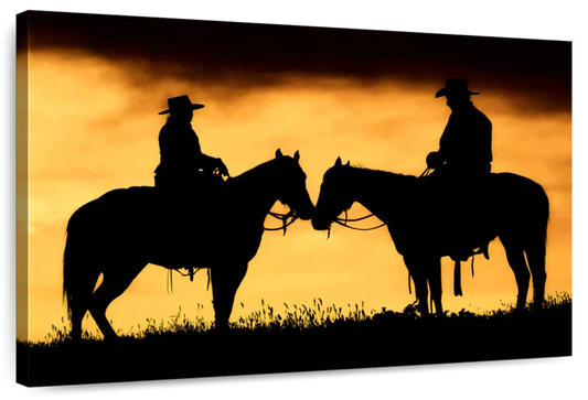 Cowboy And Cowgirl On Their Horses At Sunset Wall Art